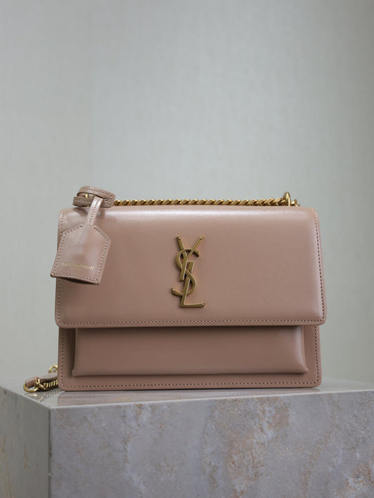YSL Medium Sunset Shoulder Bag 22cm Beige-Brown Cowhide GHW