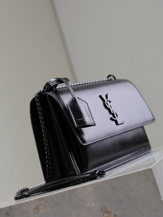 YSL Medium Sunset Shoulder Bag 22cm Black Cowhide Black HW