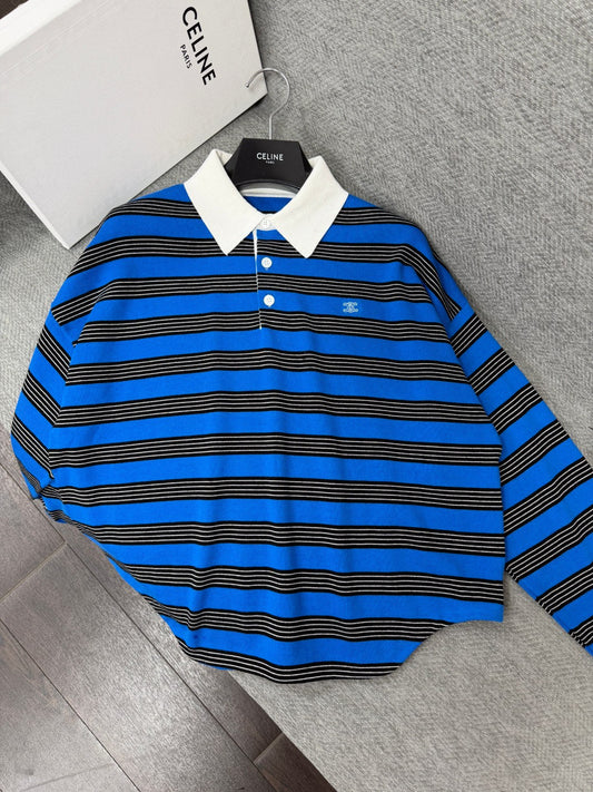 Celine 26s Striped Collared Knit Sweater Blue Black 414835