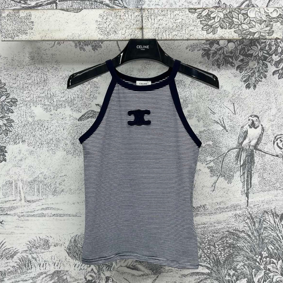 Celine 25 Embroidered Logo Striped Small Vest Navy Blue mix White Cotton