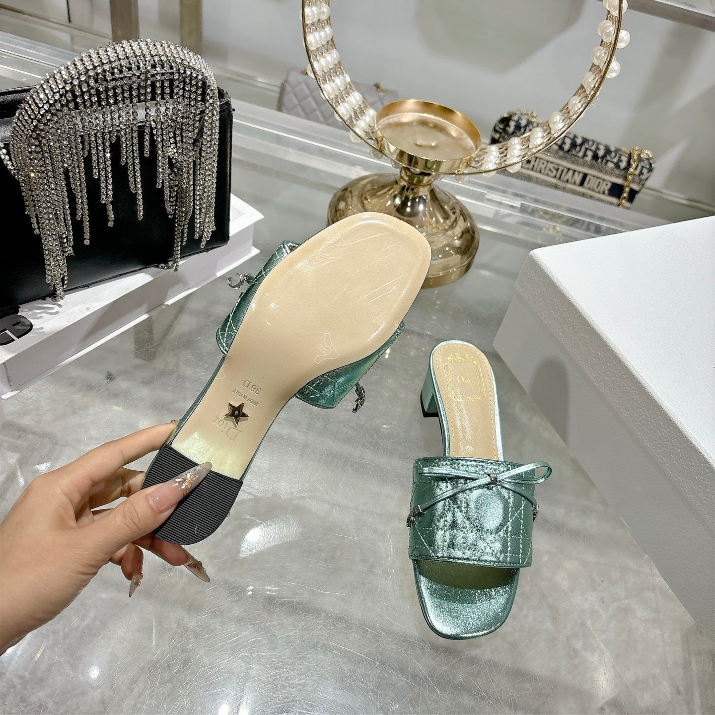 CD 26s Slippers Metallic Mint Calfskin 679867