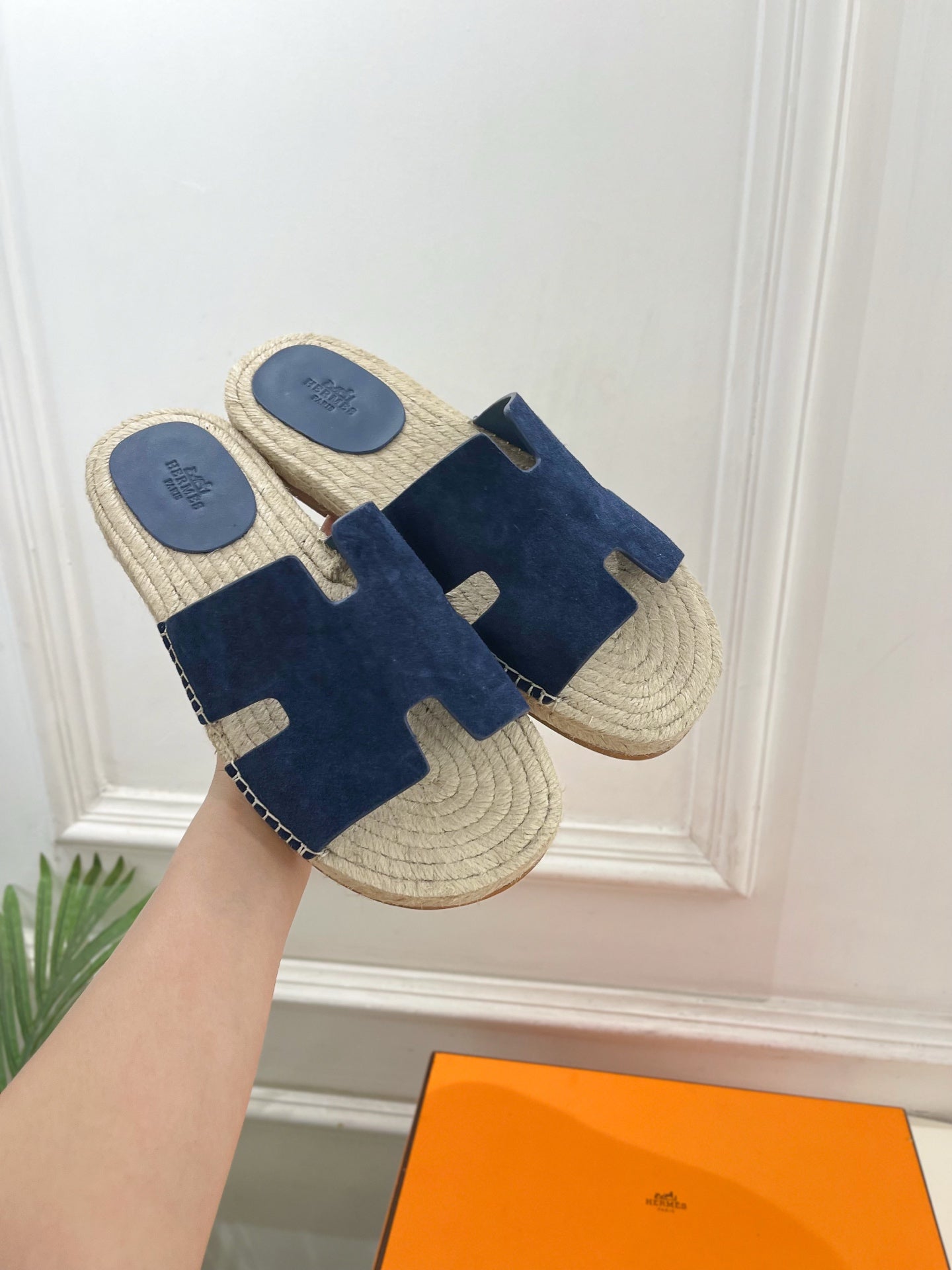 HM Antigua Espadrille Navy Blue Suede Raffia 631939