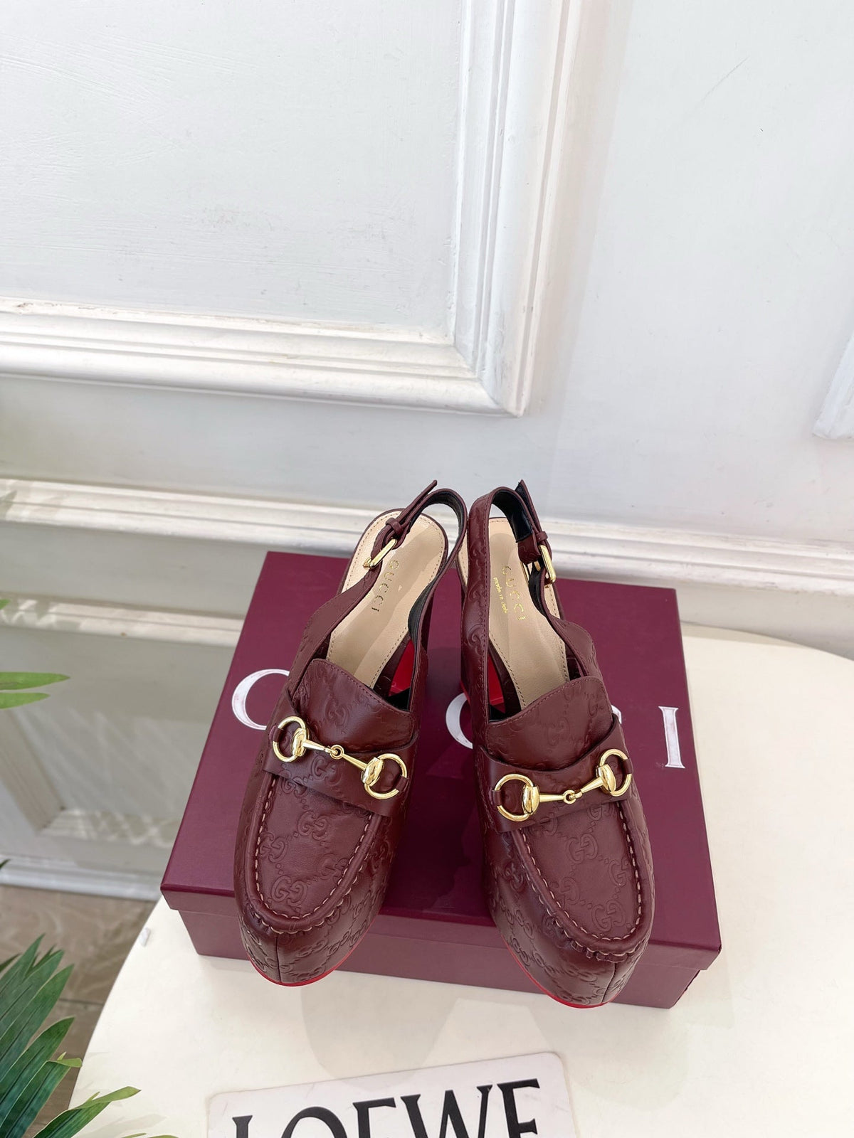 GG Horsebit Platform Loafer Slingback Burgundy Embossed Leather 640260