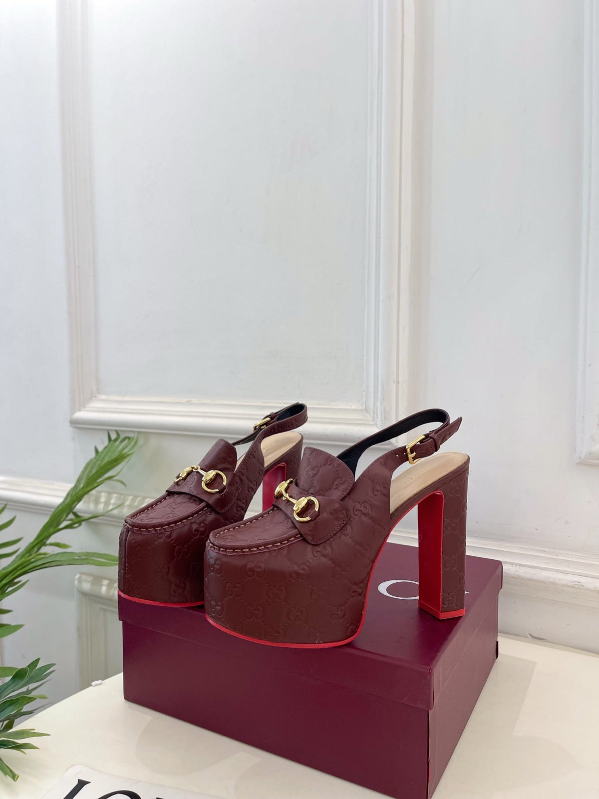 GG Horsebit Platform Loafer Slingback Burgundy Embossed Leather 640260