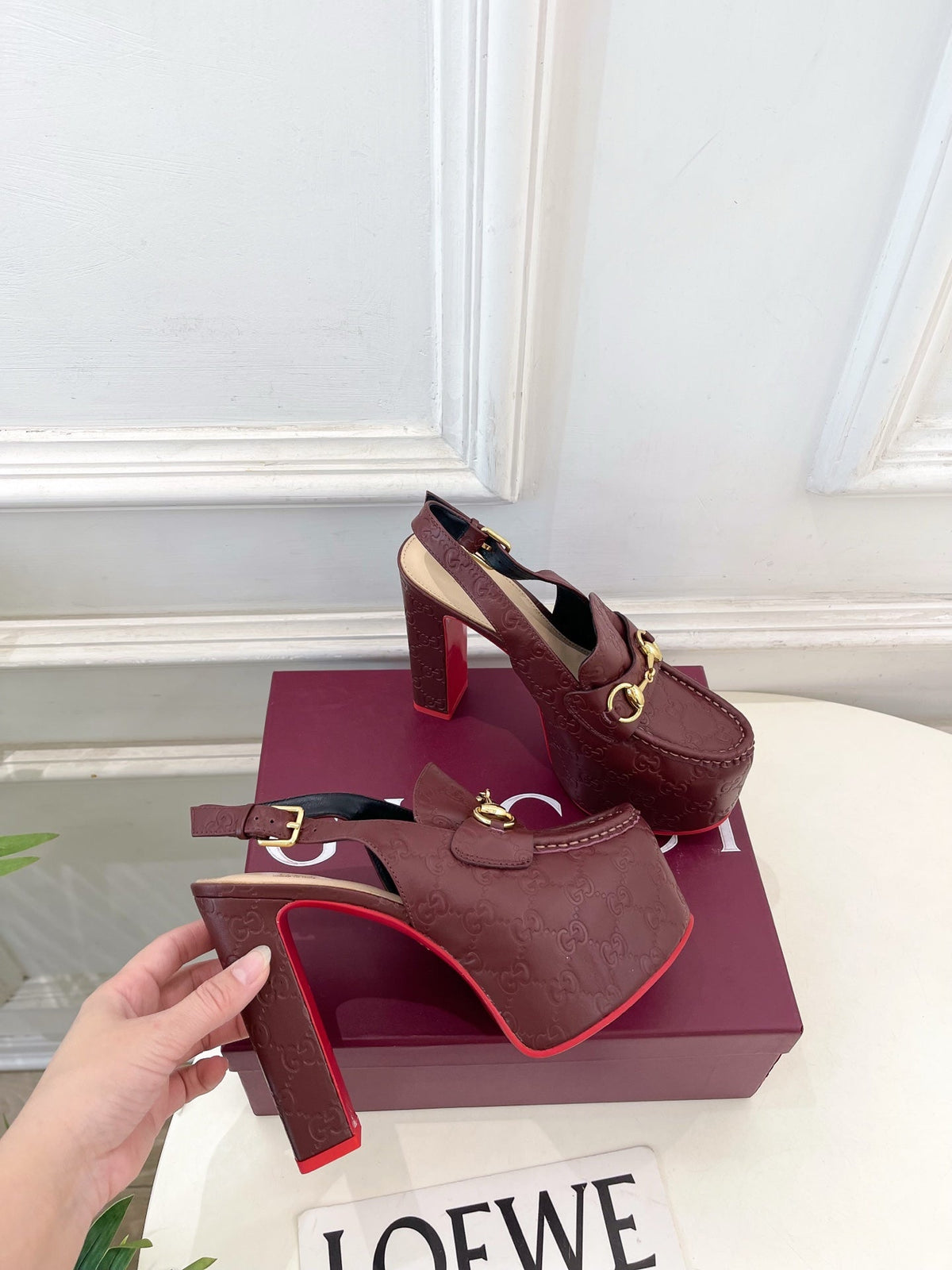GG Horsebit Platform Loafer Slingback Burgundy Embossed Leather 640260