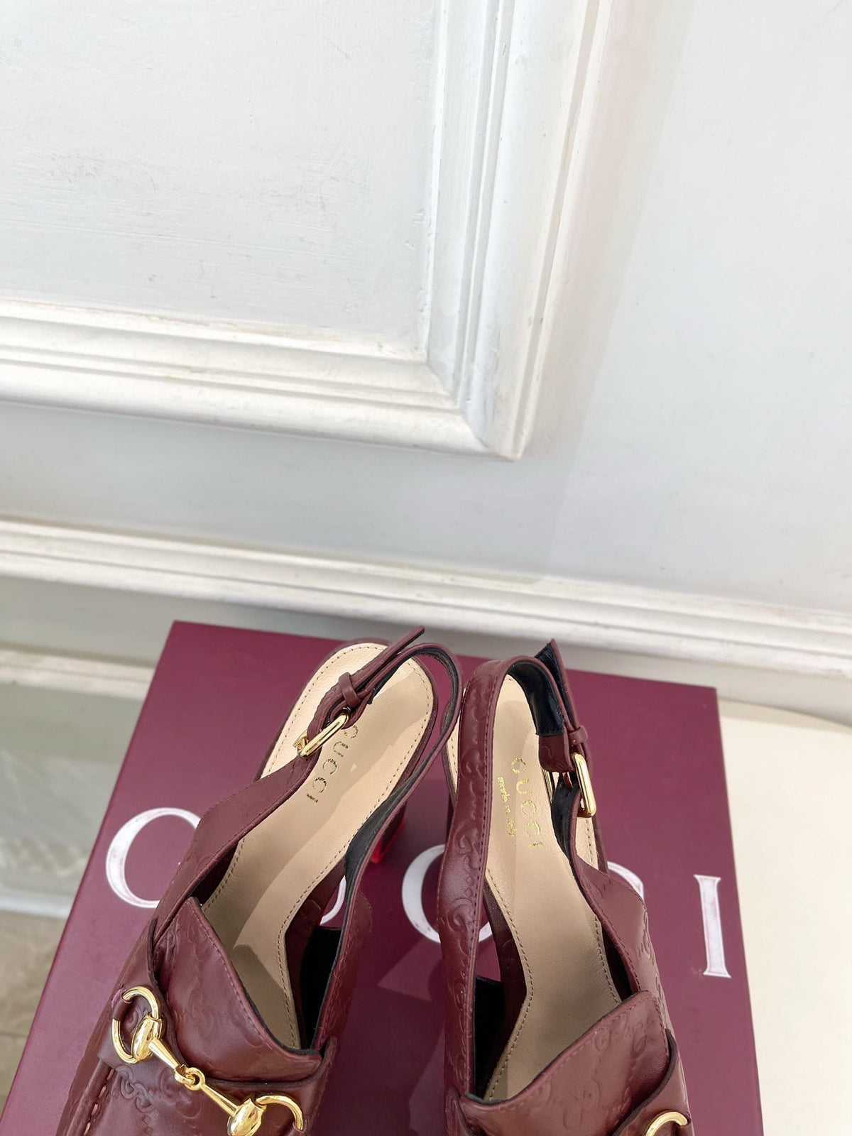 GG Horsebit Platform Loafer Slingback Burgundy Embossed Leather 640260