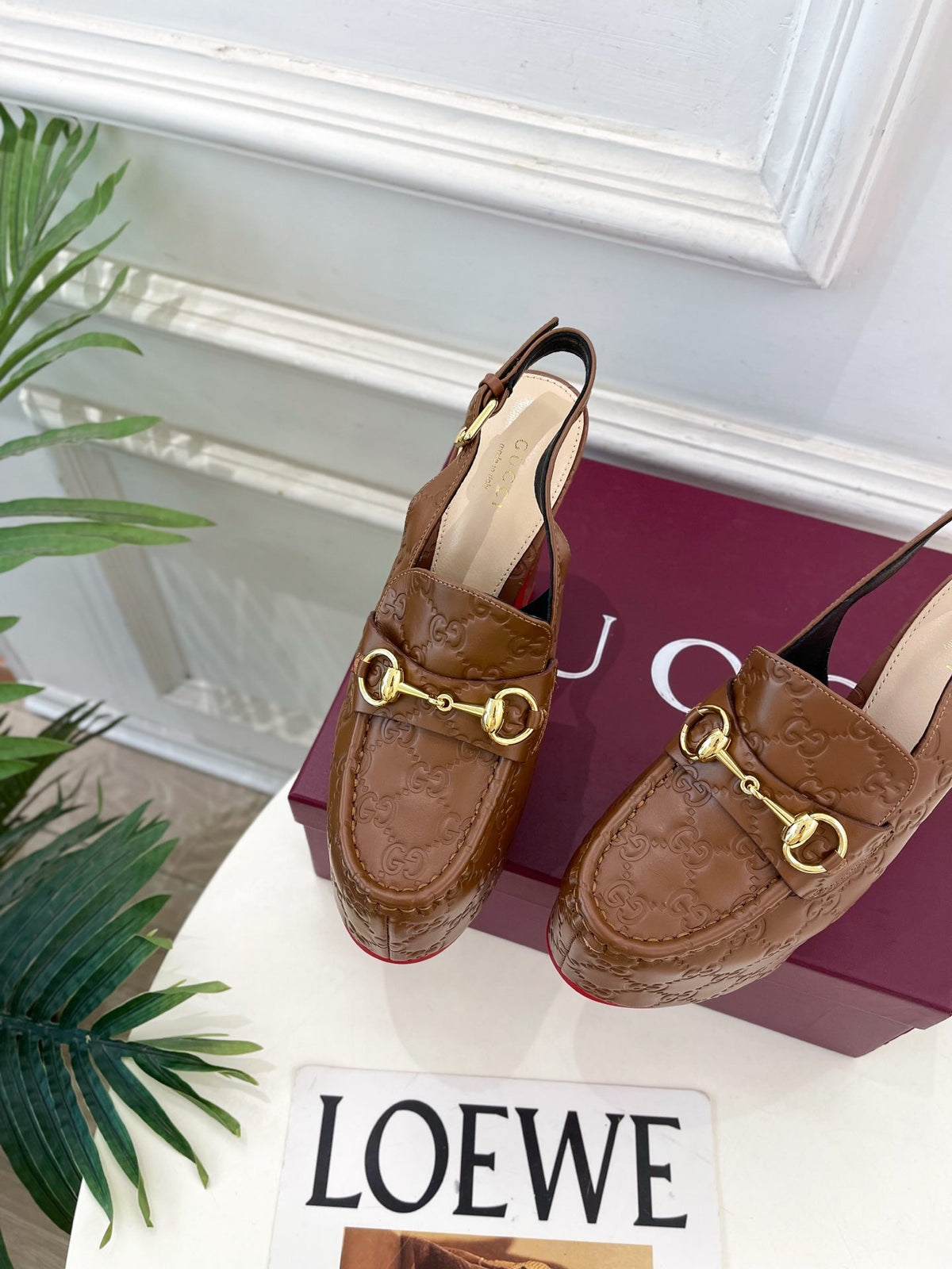 GG Horsebit Platform Loafer Slingback Brown Embossed Leather 640261