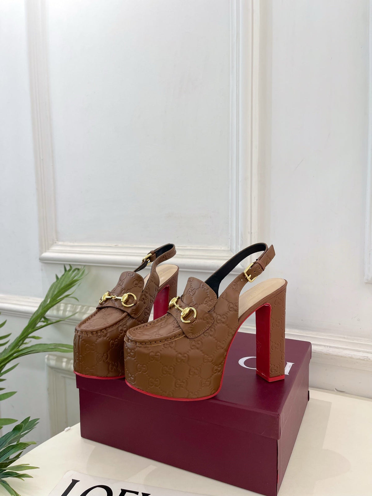 GG Horsebit Platform Loafer Slingback Brown Embossed Leather 640261