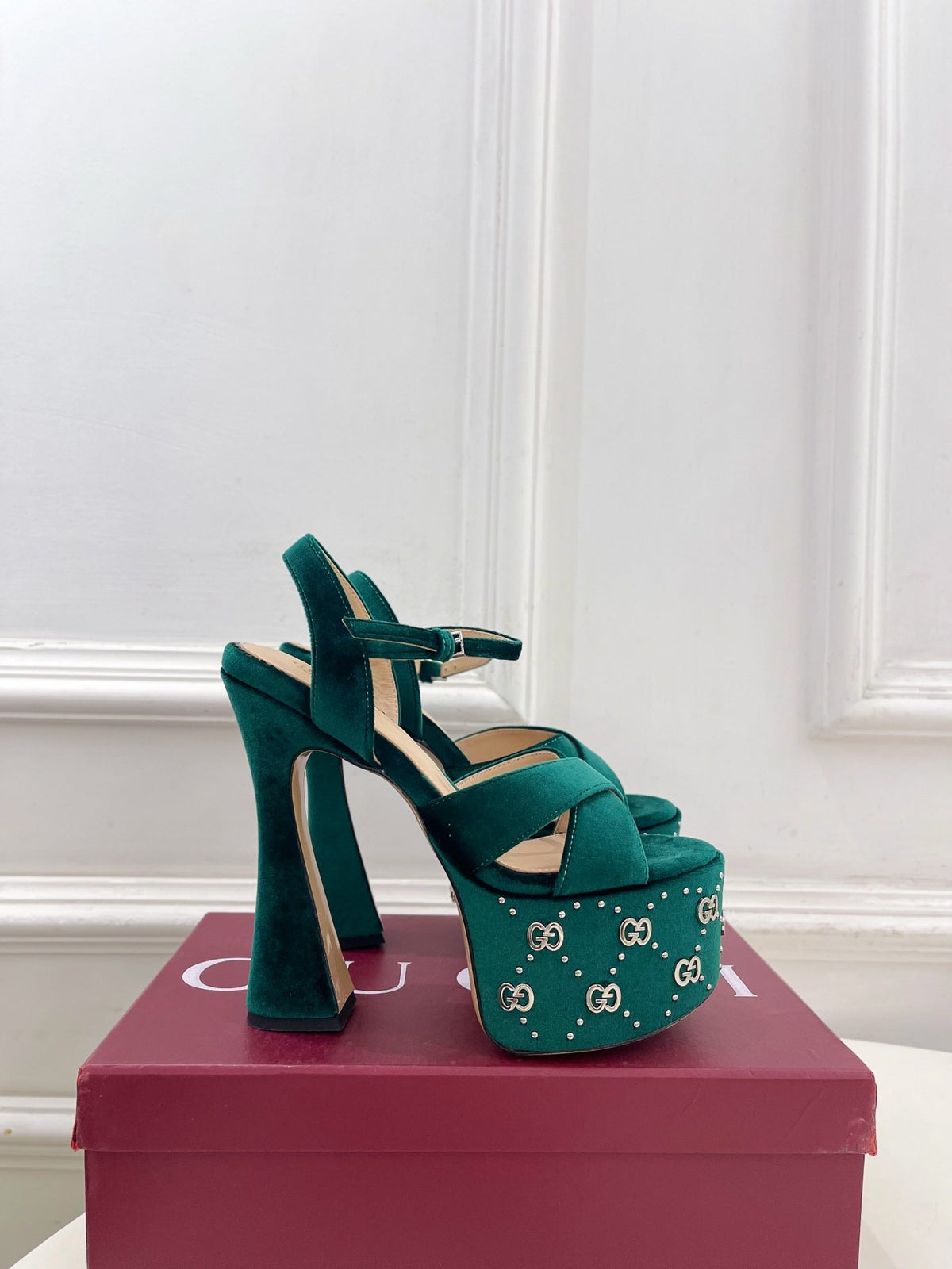 GG Janaya Platform Sandals 15.5cm Teal Green Suede 891840