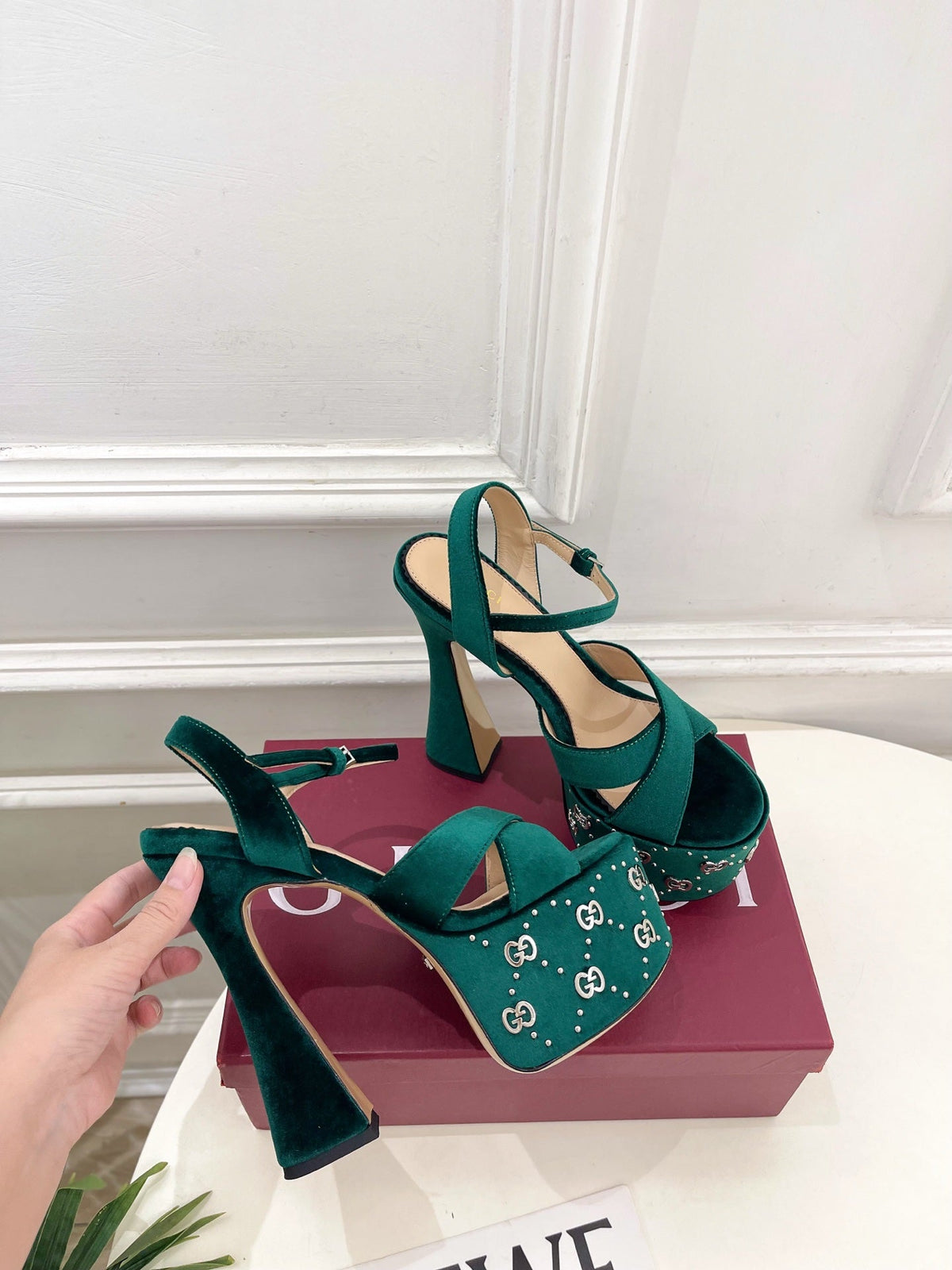 GG Janaya Platform Sandals 15.5cm Teal Green Suede 891840