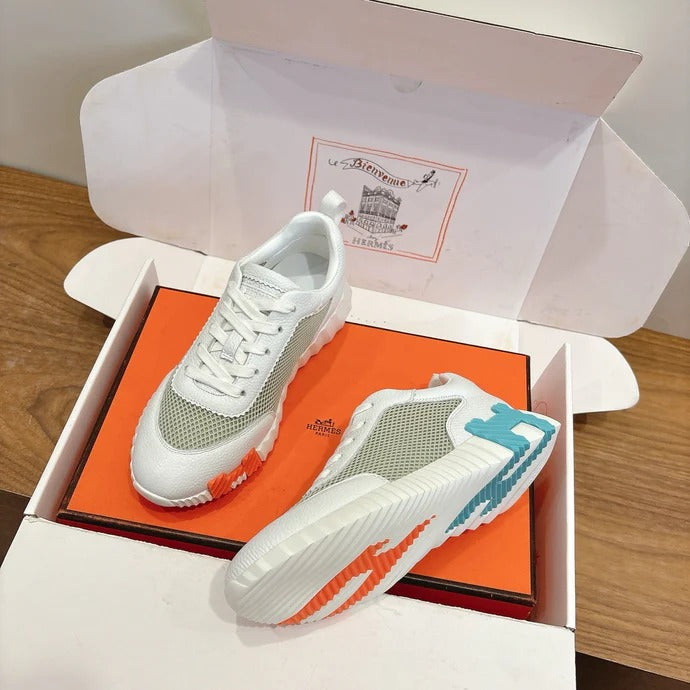 HM 26ss Sneakers White Light Green Cowhide Fabric 638564