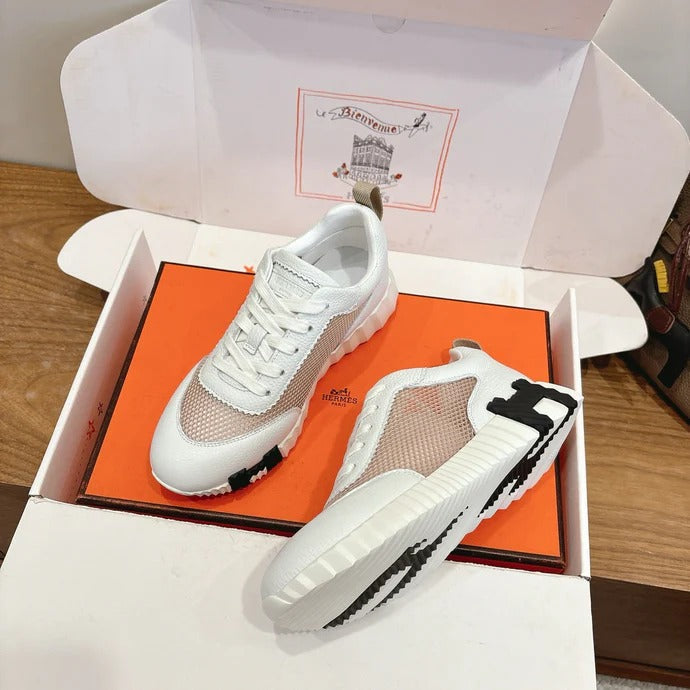 HM 26ss Sneakers White Beige Cowhide Fabric 638565