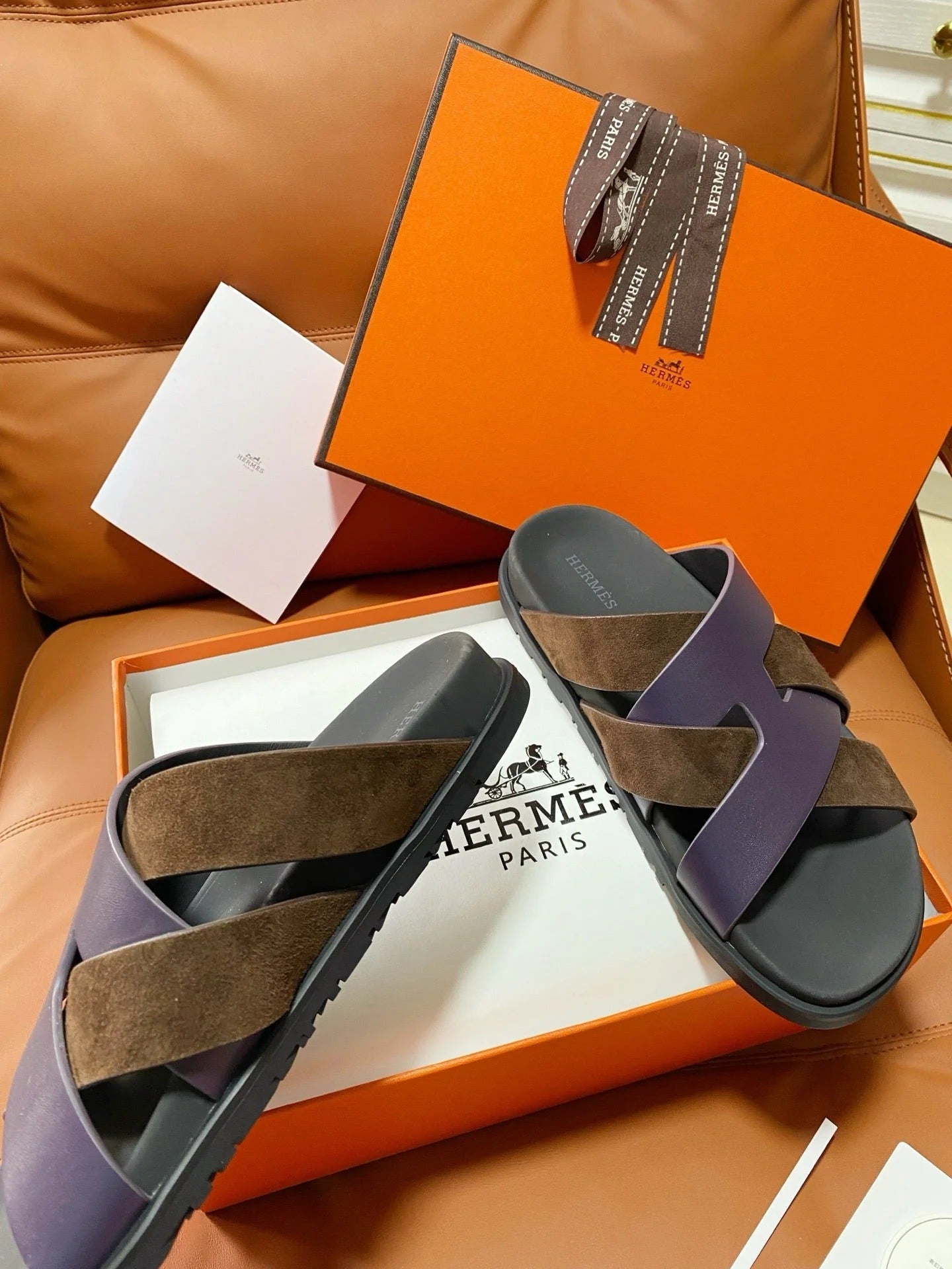 HM 2026 Cross Sandals Black Brown Purple Suede Calfskin 667290
