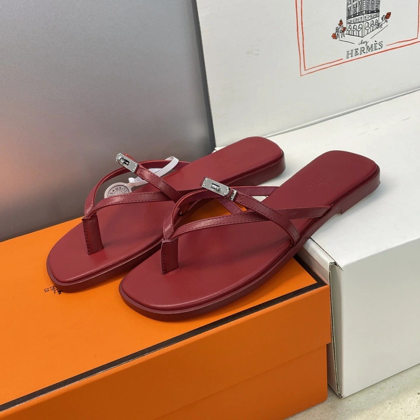 HM 26ss Kelly Sliver Buckle Slipper Dark Red Calfskin 607157