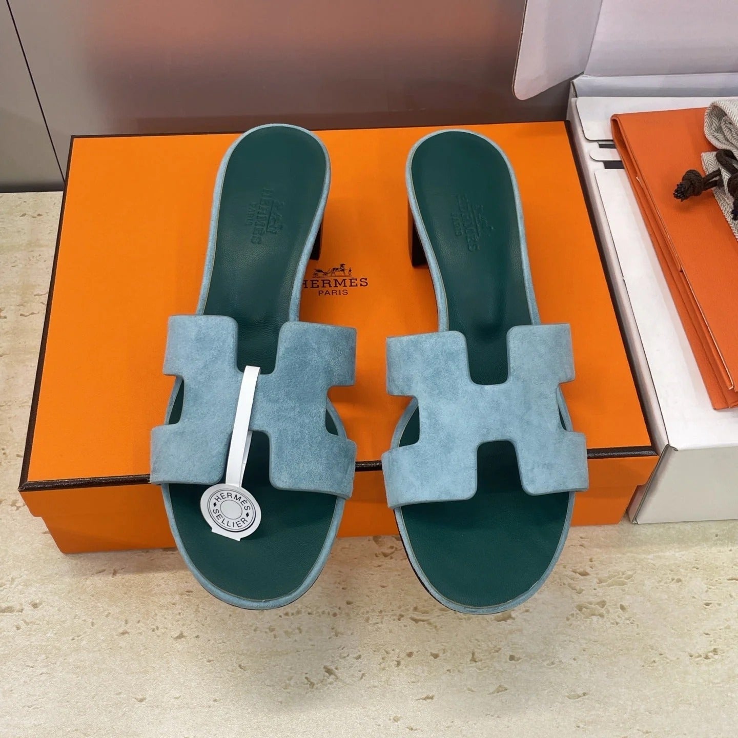 HM 26ss Oran Sandals 45 Blue Fresh Green Suede Cowhide 607220