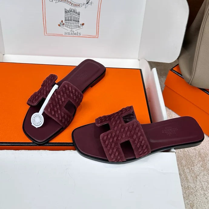 Hermes 2026 Oran Sandal Burgundy Velvet Leather 598224