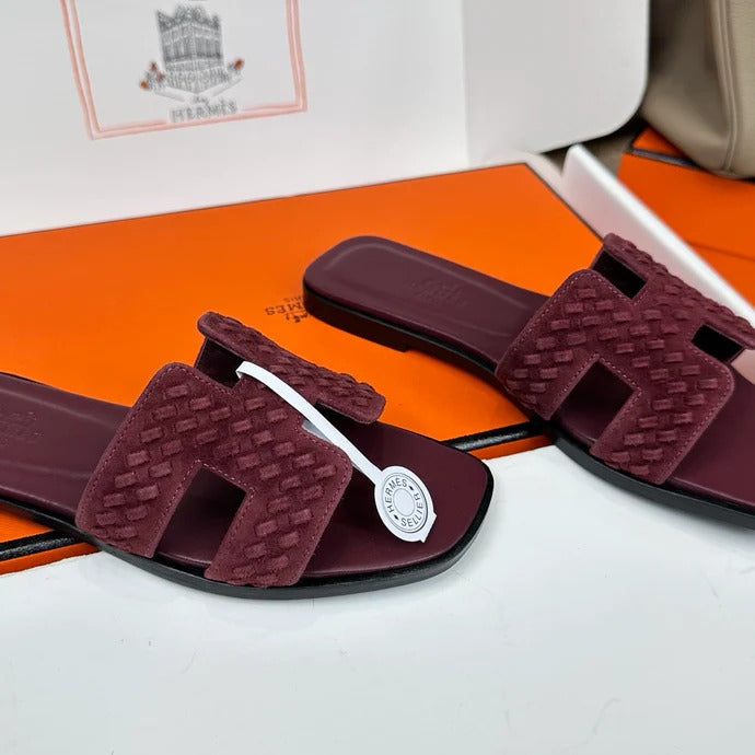 Hermes 2026 Oran Sandal Burgundy Velvet Leather 598224