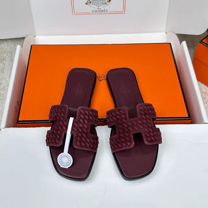 Hermes 2026 Oran Sandal Burgundy Velvet Leather 598224