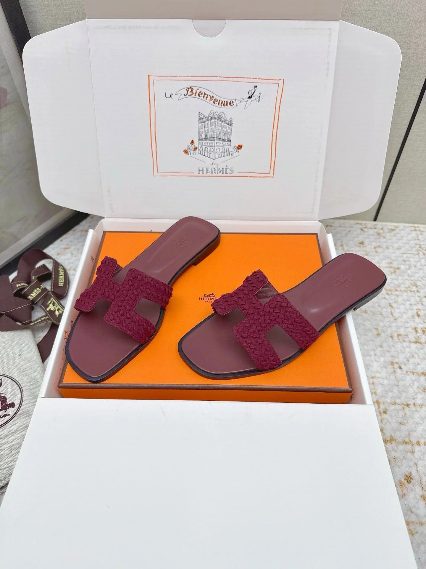 HM 26ss Oran Sandals Burgundy Suede Sheepskin 625139