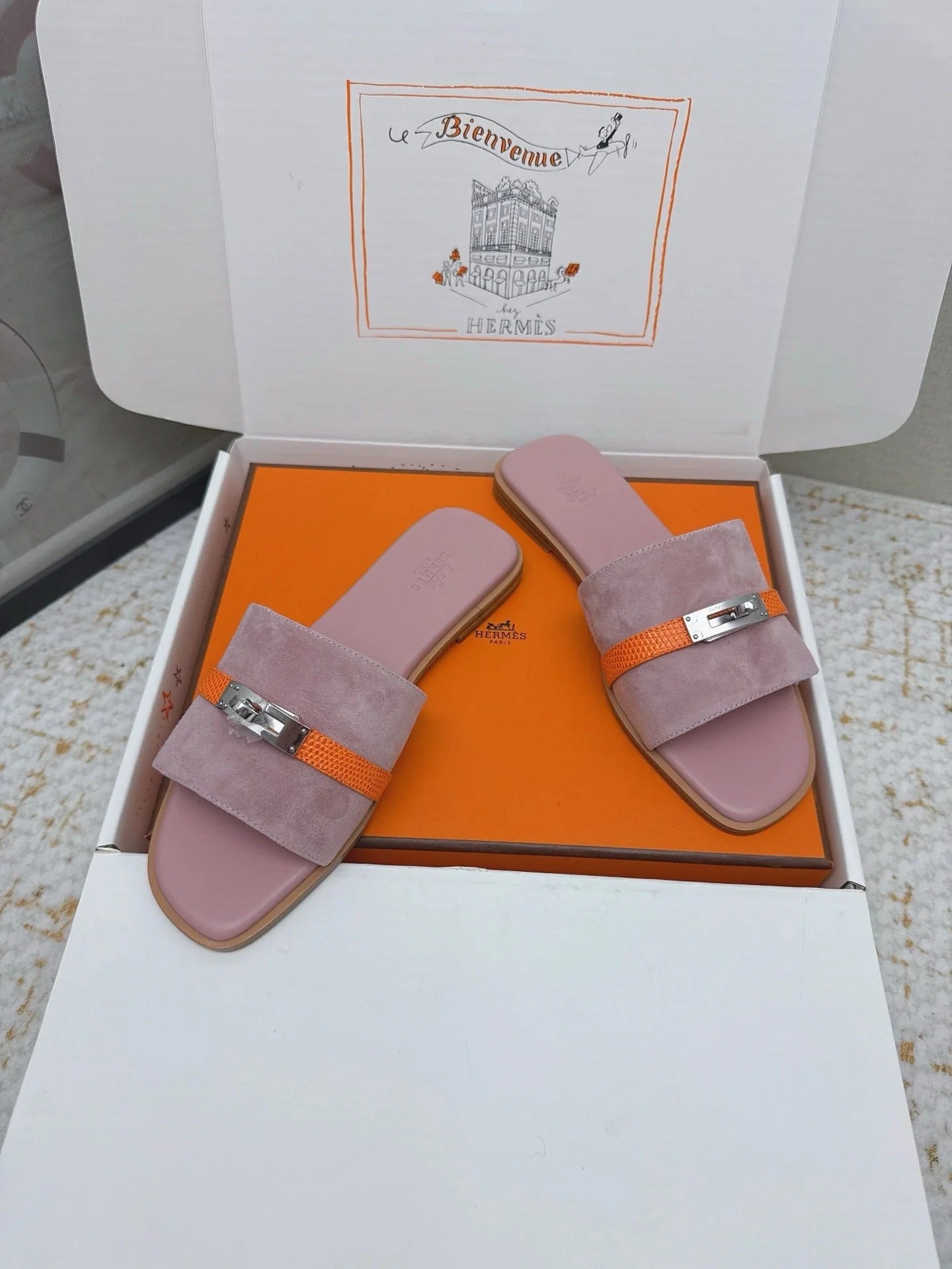 HM 26ss Oasis Sandals Rose Nude Orange Suede Cowhide 625179