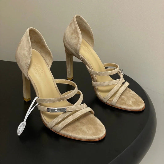 HM 25S HIGH-HEEL SANDAL 105 MM IN BEIGE SUEDE