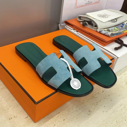 HM 26ss Oran Sandals Blue Fresh Green Suede Cowhide 607210