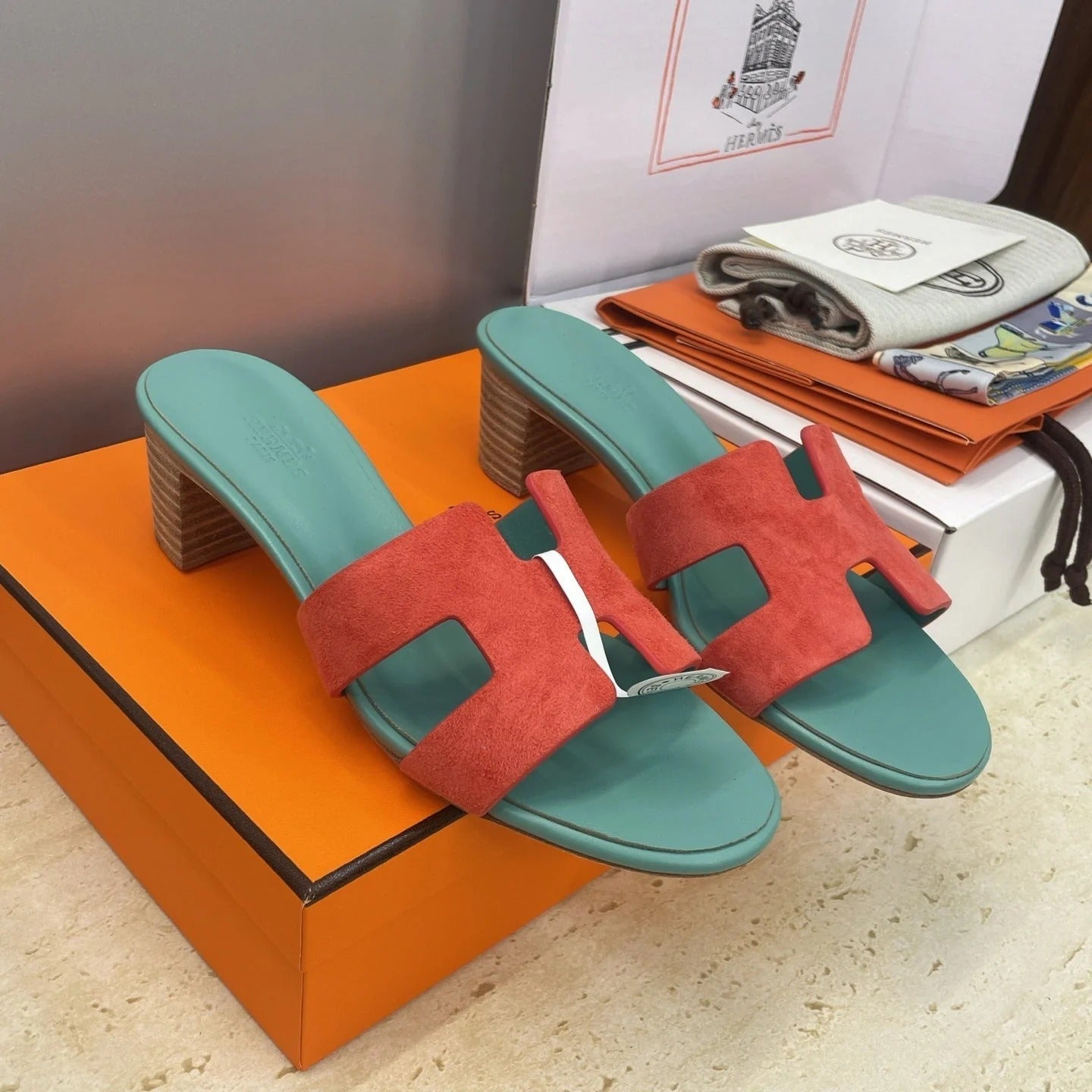 HM 26ss Oran Sandals 45 Turquoise Red Suede Cowhide 607212