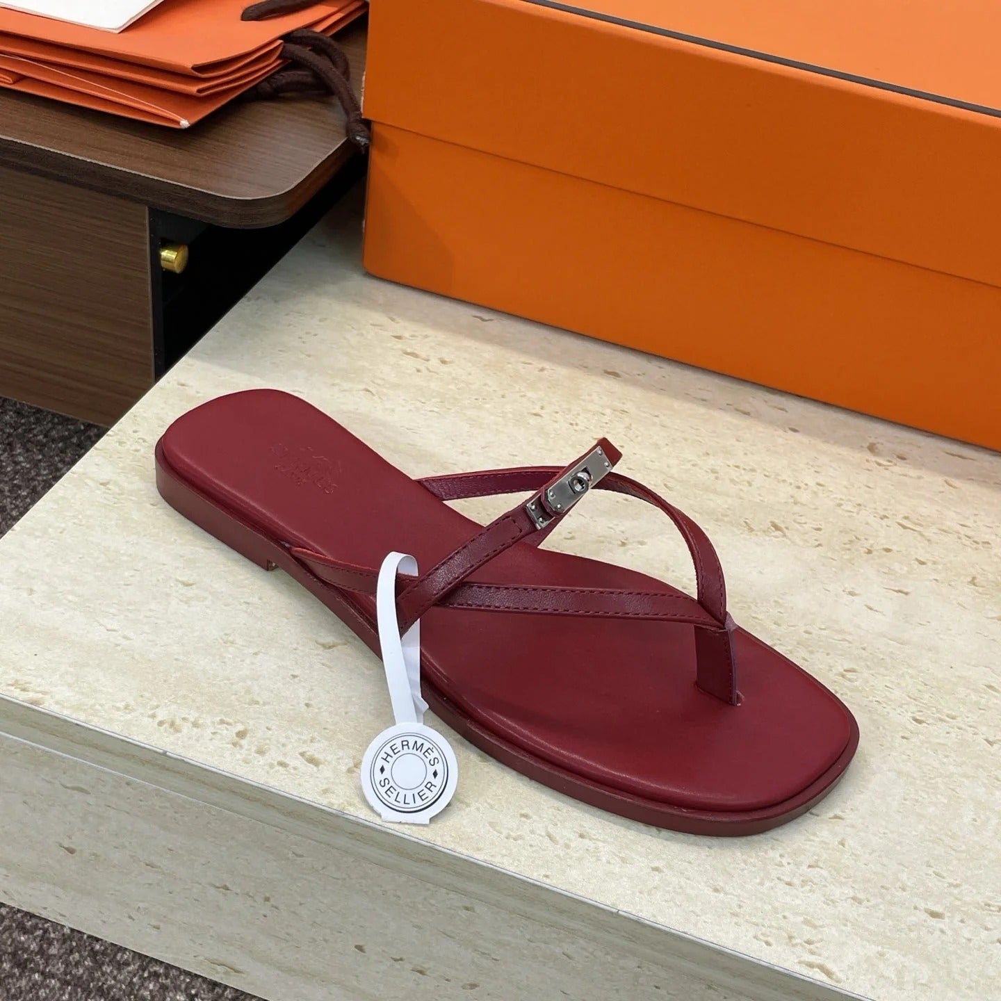 HM 26ss Kelly Sliver Buckle Slipper Dark Red Calfskin 607157