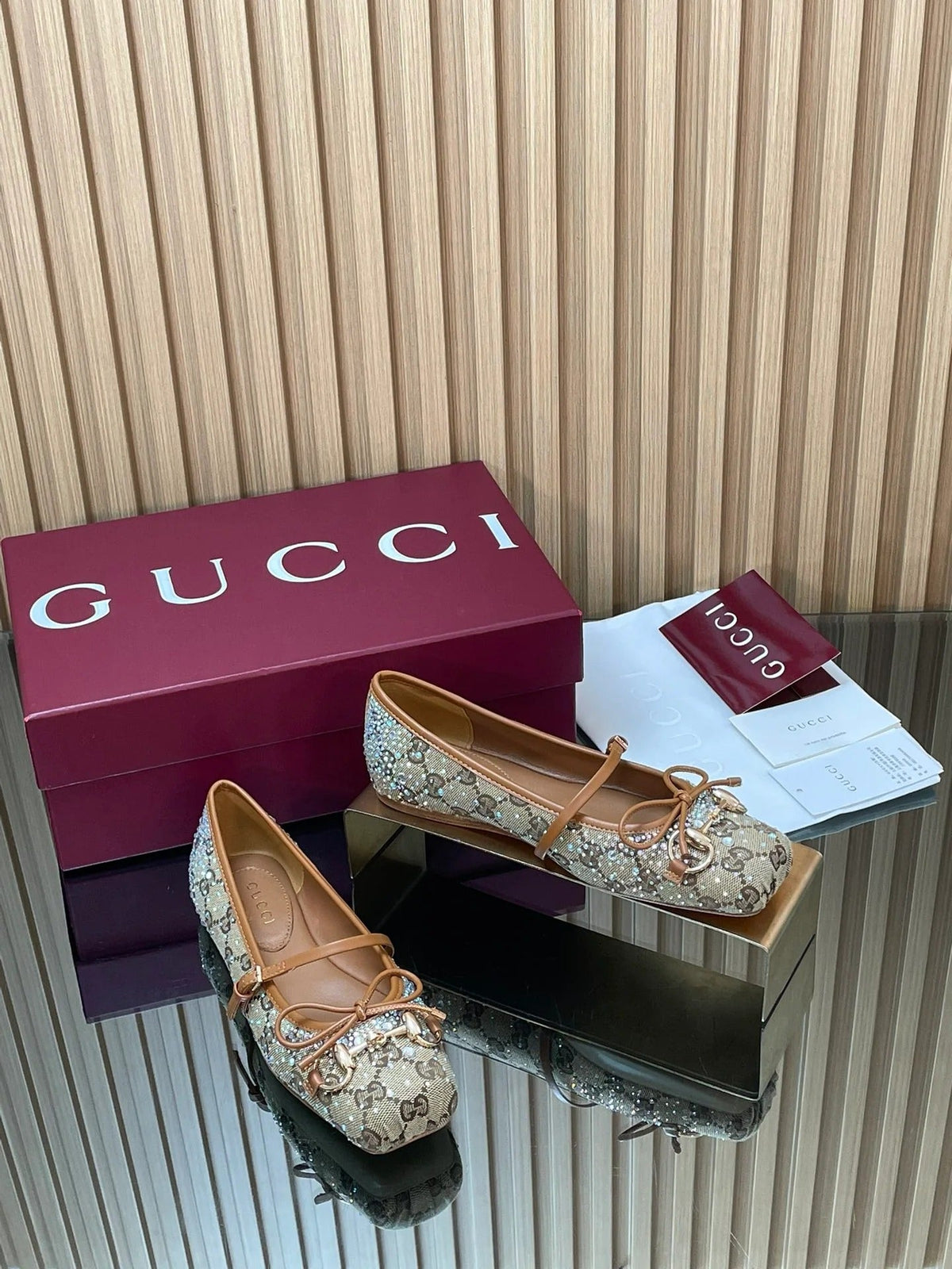 Gucci 2026 Crystal Rhinestone Ballet Flat Beige Brown Canvas Leather 562909