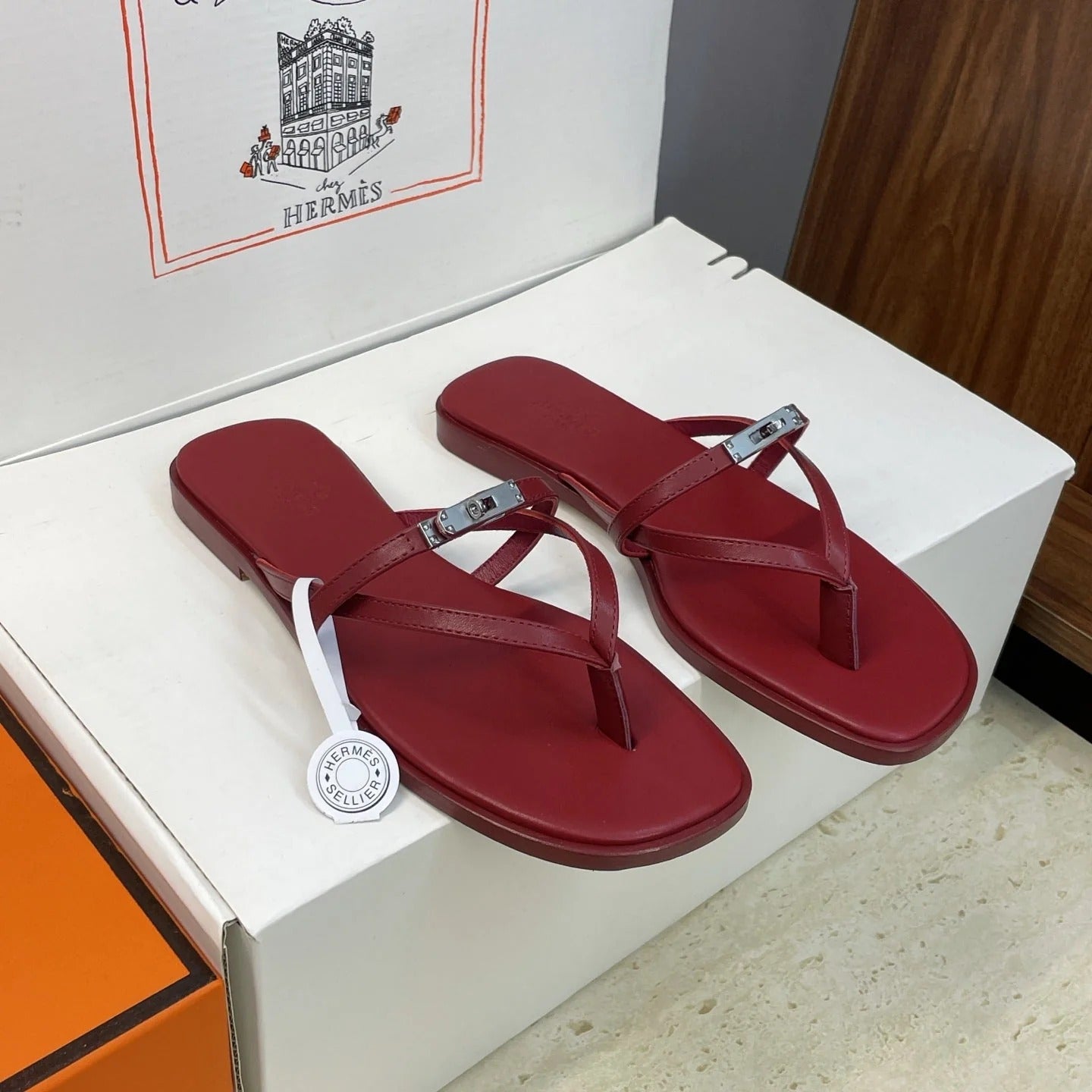 HM 26ss Kelly Sliver Buckle Slipper Dark Red Calfskin 607157