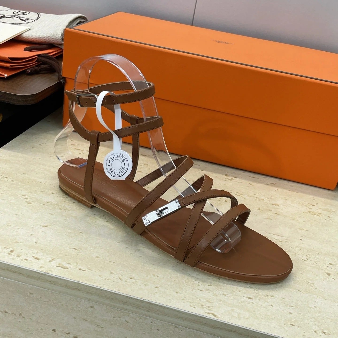 HM 26ss Kelly Sliver Buckle Sandals Brown Calfskin 607162