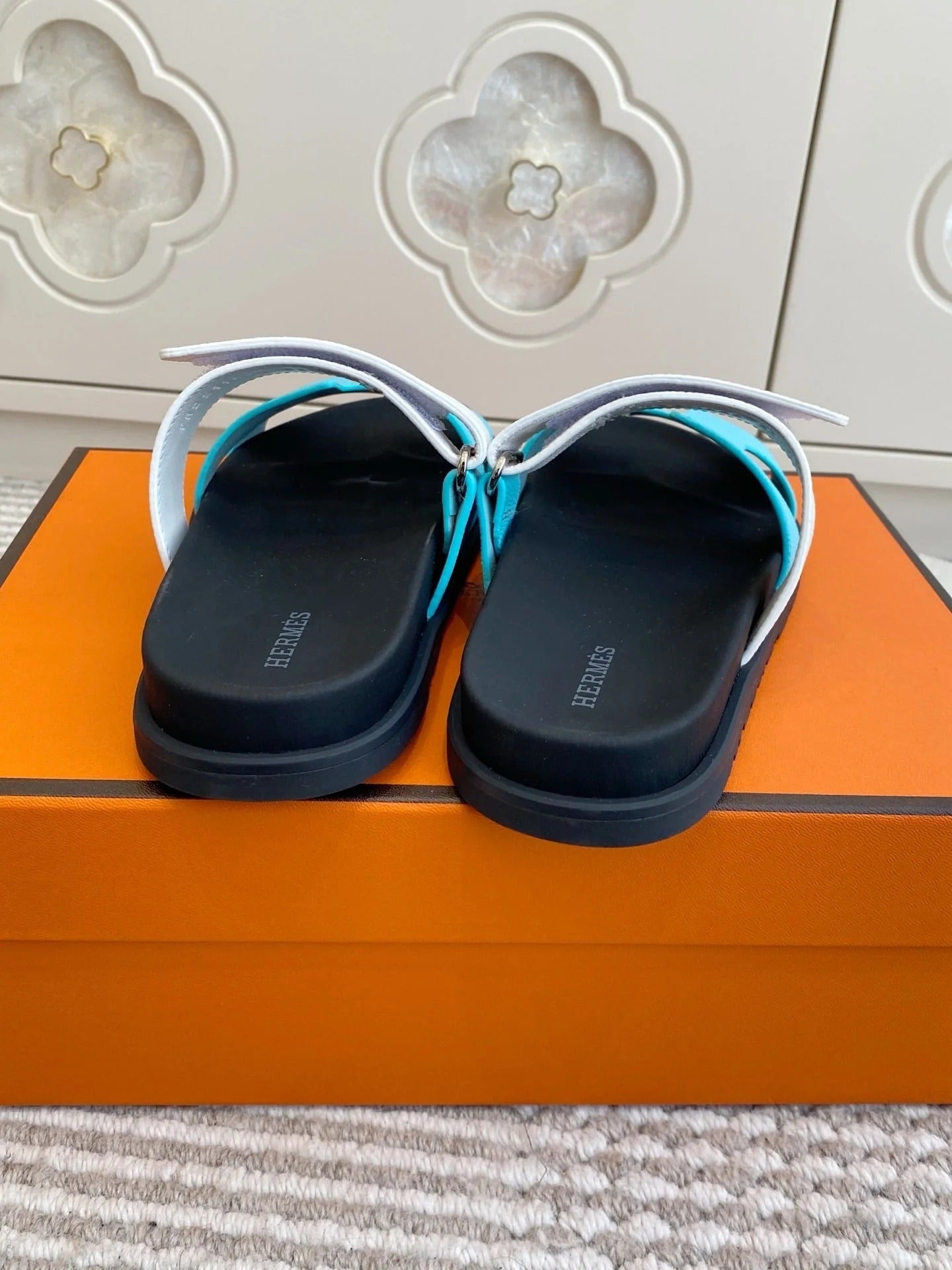 HM 2026 Velcro Slippers Black Blue White Cowhide 667466