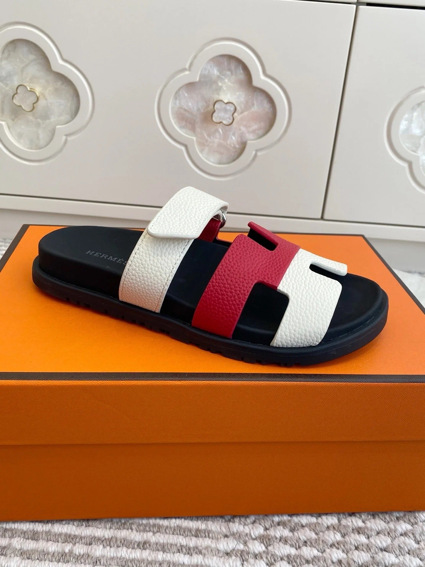 HM 2026 Velcro Slippers Black White Red Cowhide 667465