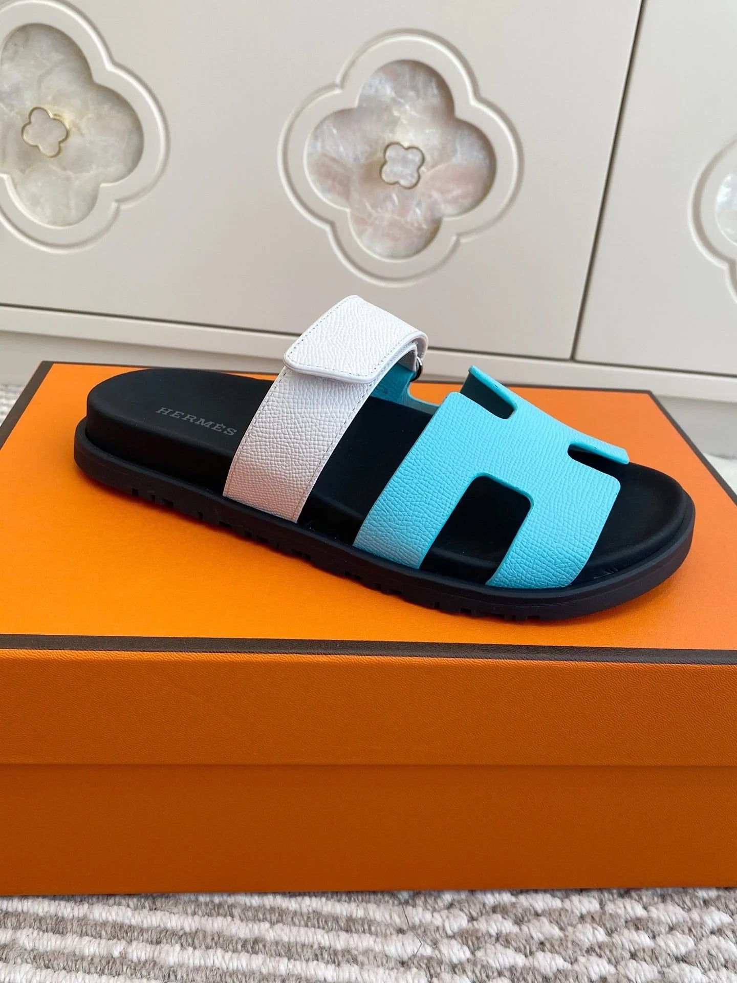 HM 2026 Velcro Slippers Black Blue White Cowhide 667466