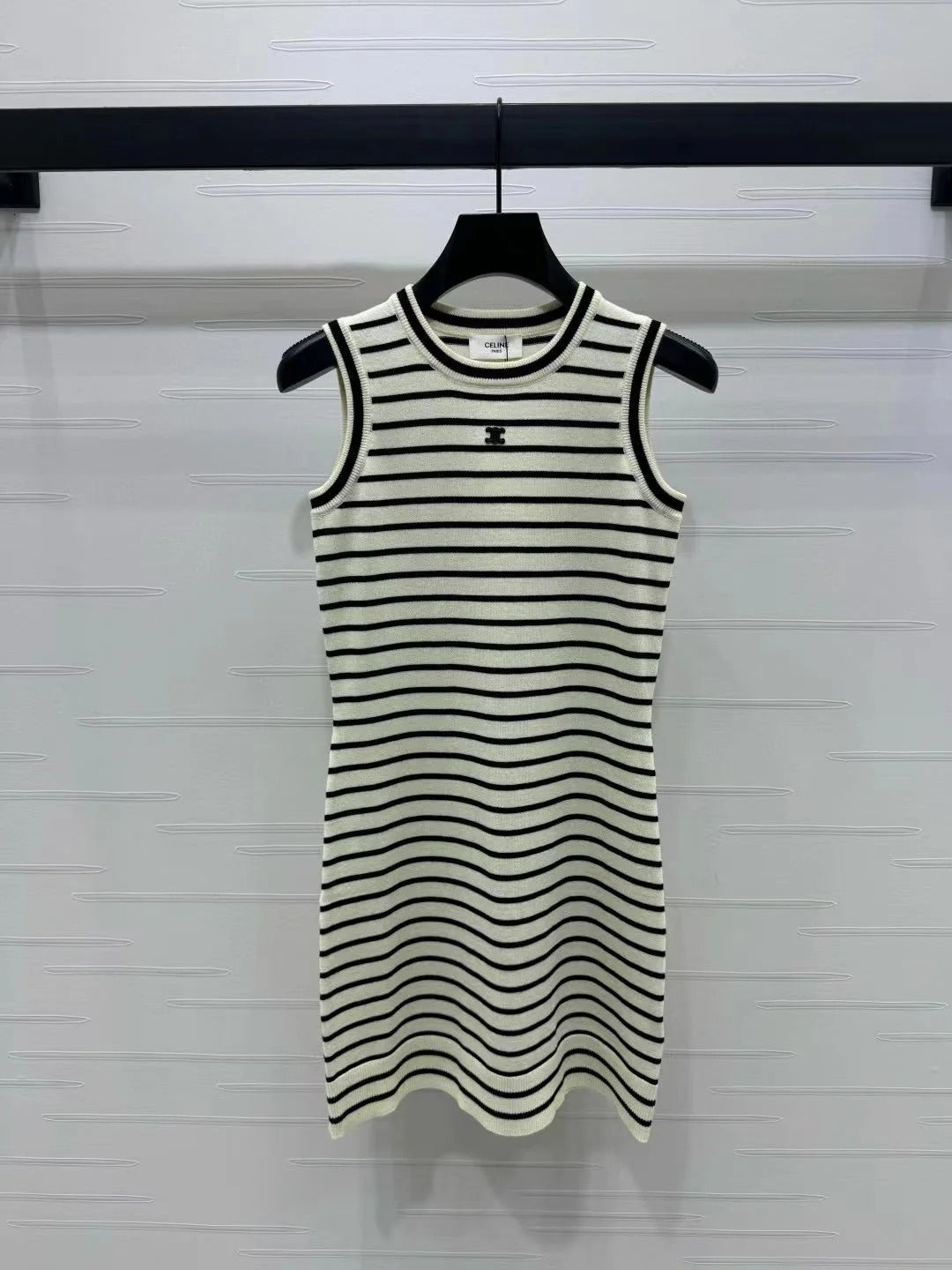 Triomphe Striped Mini Dress Black White Crocheted Cotton