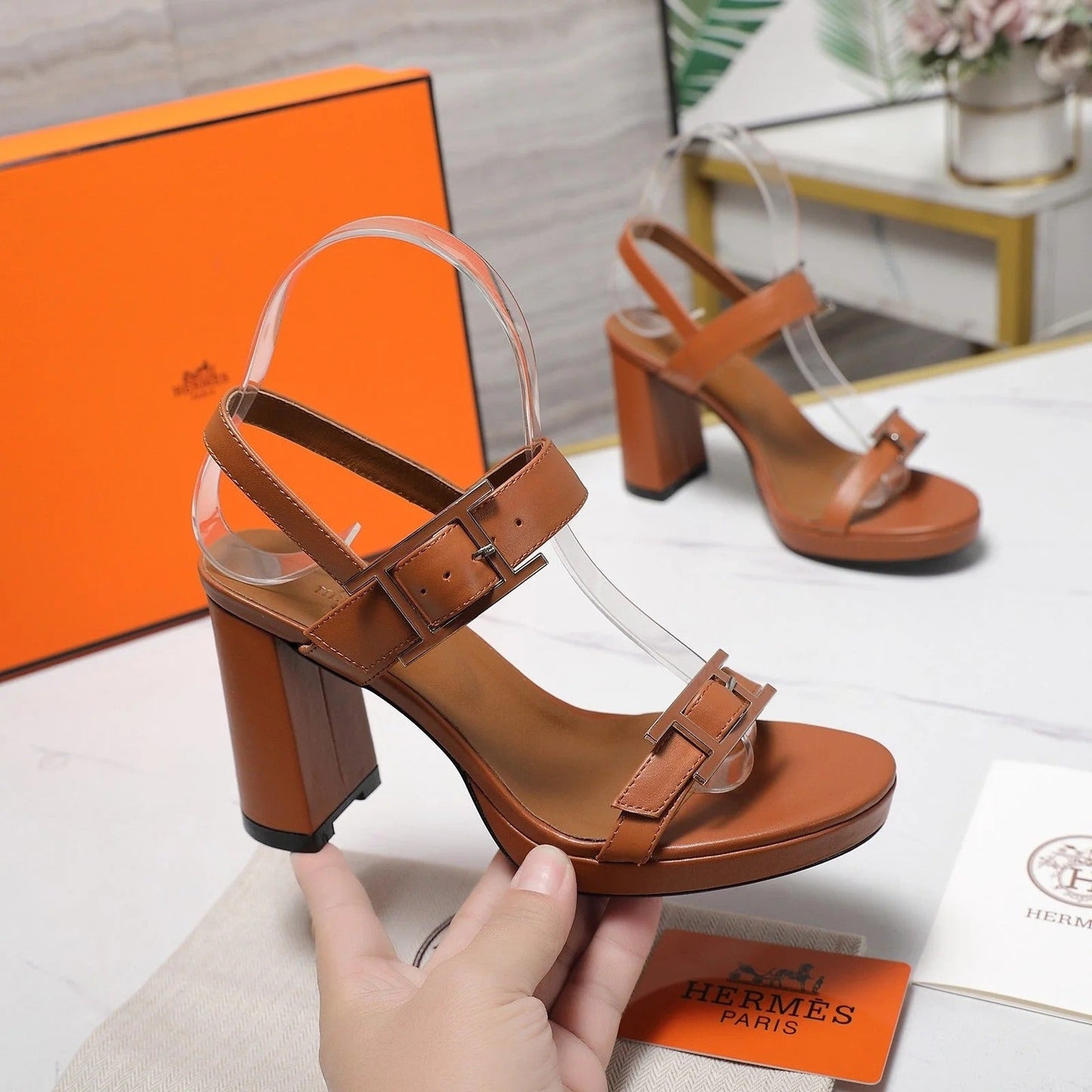 HM 26ss Platform High-Heeled Sandals Brown Sheepskin 601216