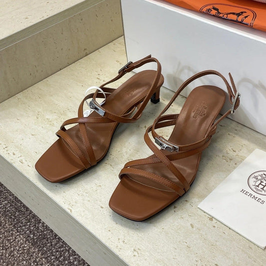 HM 26ss Kelly Sliver Buckle Sandals 40 Brown Calfskin 607164