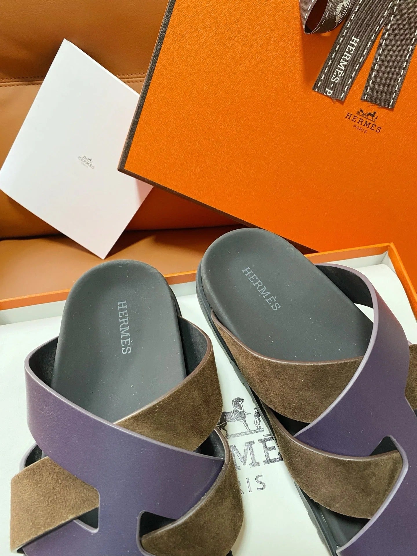 HM 2026 Cross Sandals Black Brown Purple Suede Calfskin 667290