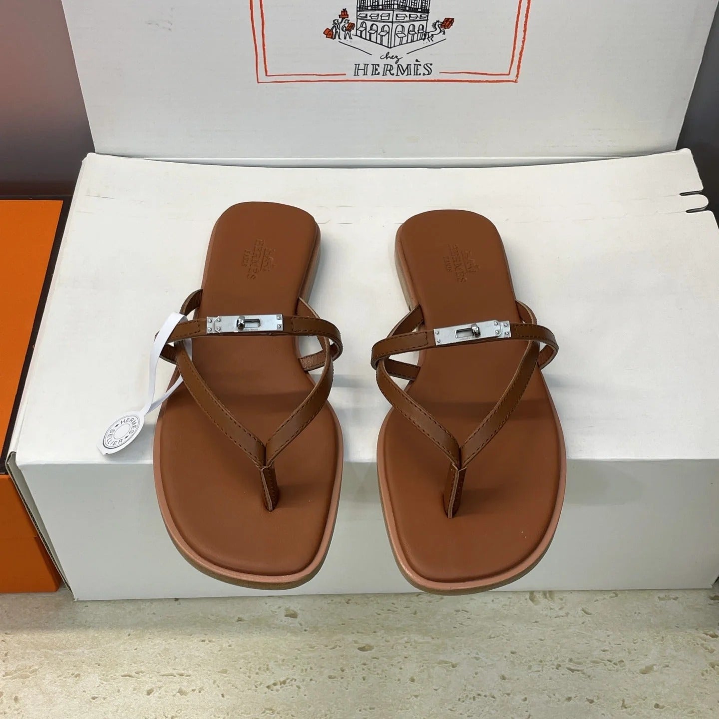 HM 26ss Kelly Sliver Buckle Slipper Brown Calfskin 607155